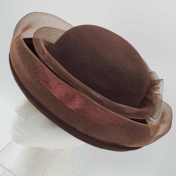 Chocolate Brown Wool Hat with Tulle Trim main image 12